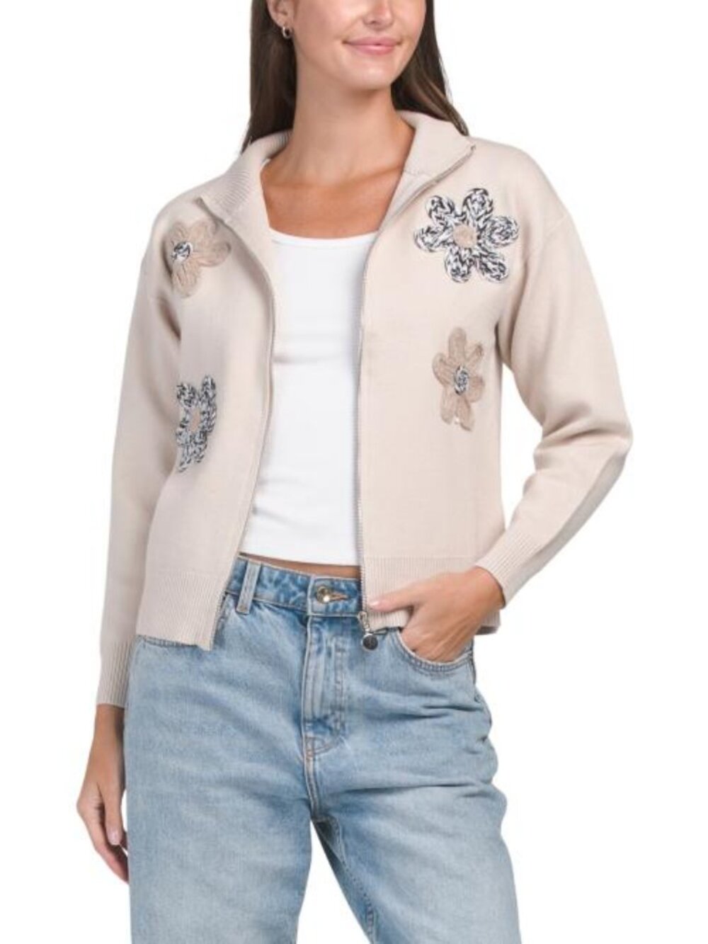 SIONI Double Knit Flower Sweater Jacket